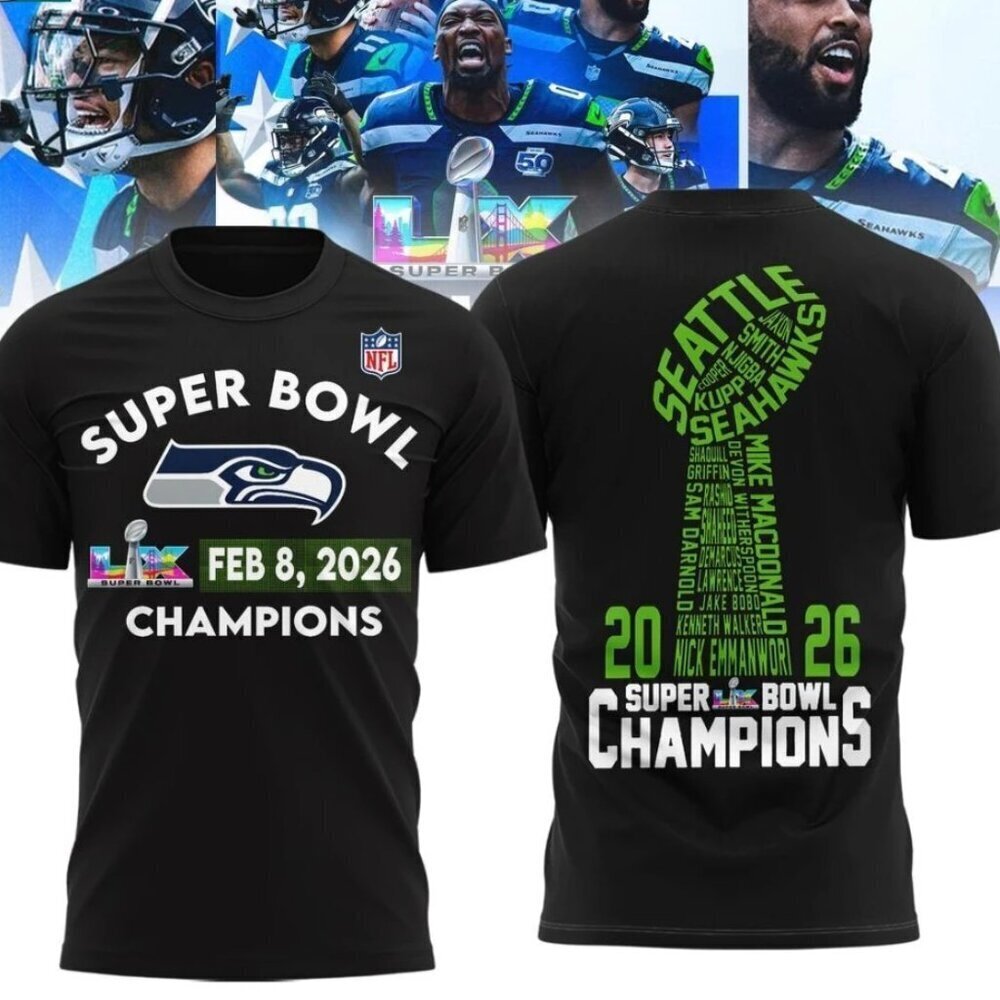 Seattle Seahawks 2025 Super Bowl LX Champions Celebrate Logo 2026 T- Shirt .